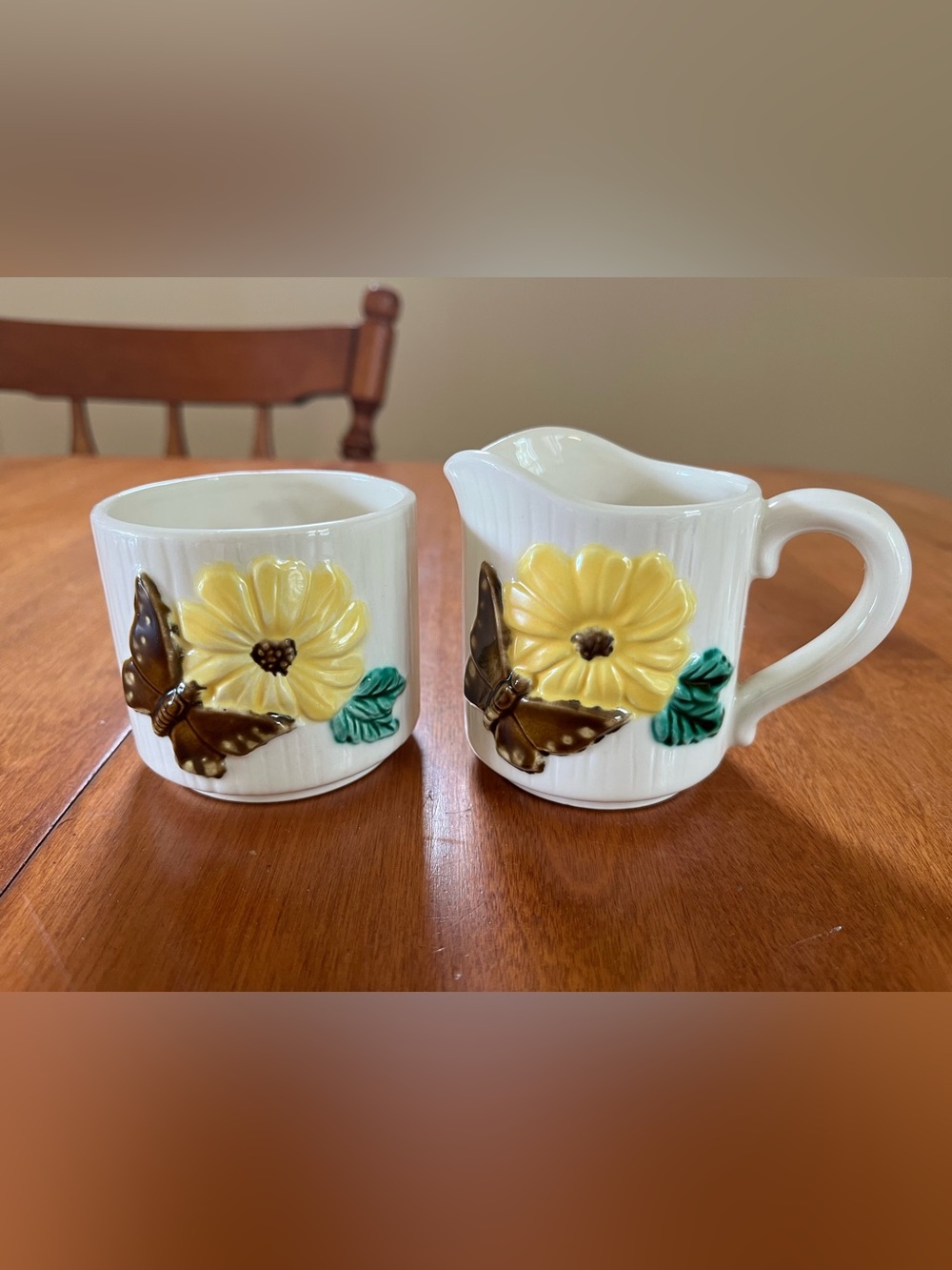Ceramic Yellow Flower & Brown Butterfly Creamer and Sugar Set 1970s